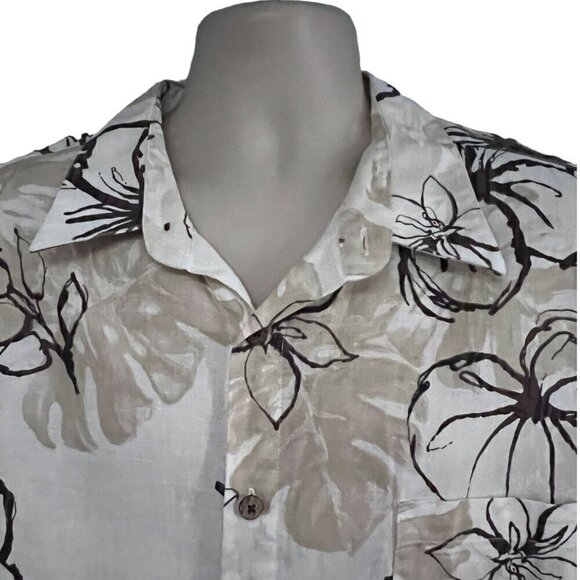Mens Vintage Hawaiian Floral Beige Brown Linen Button Up Camp Shirt 2XL Pocket - Picture 4 of 7
